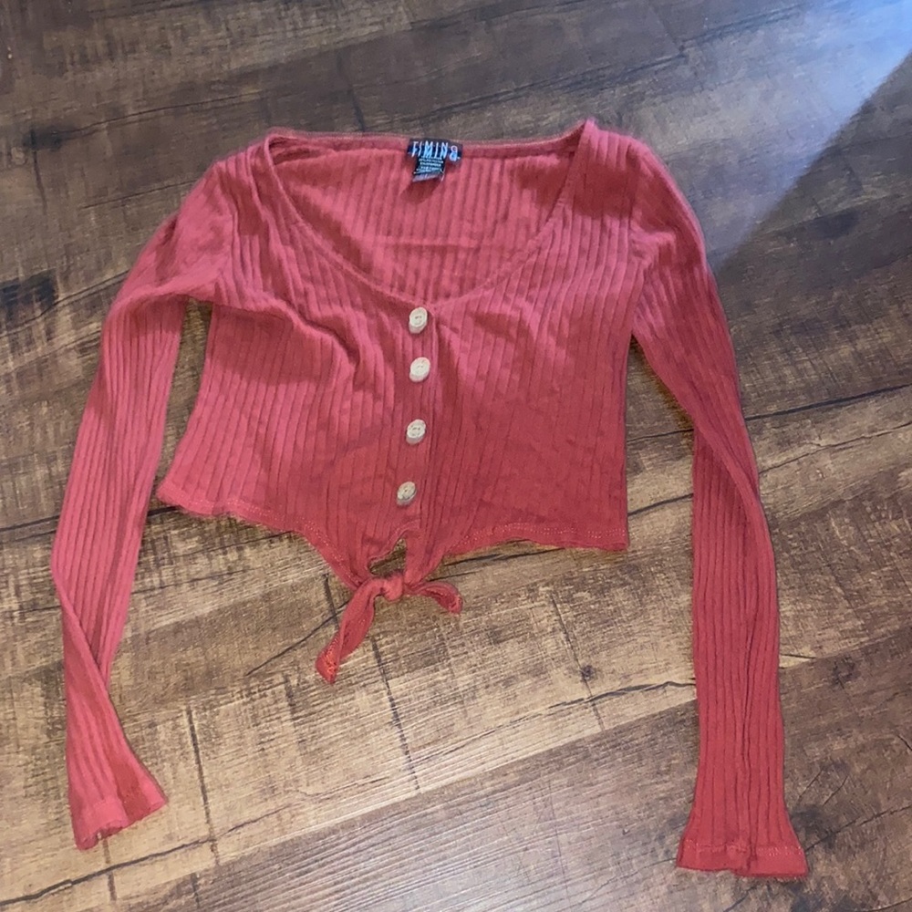 Burgundy Long Sleeve Crop Top With Bottom Tie